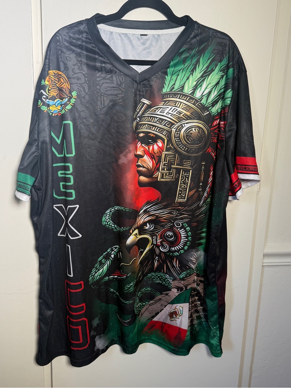 Mexico Eagle & Aztec Warrior Graphic Men’s Shirt - Black/Green/Red 4XL